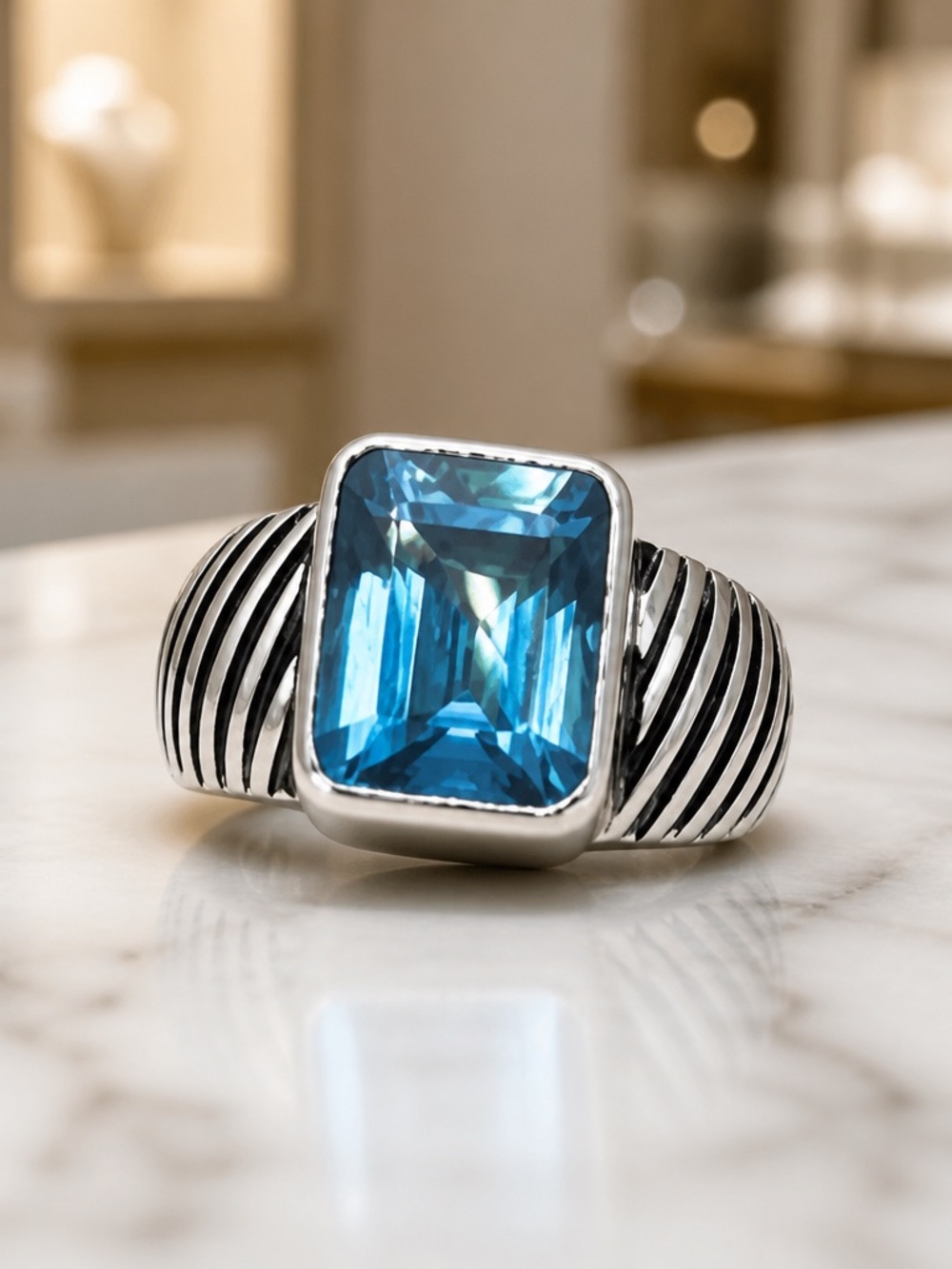 Sterling Silver Ring with Rectangular Blue Topaz